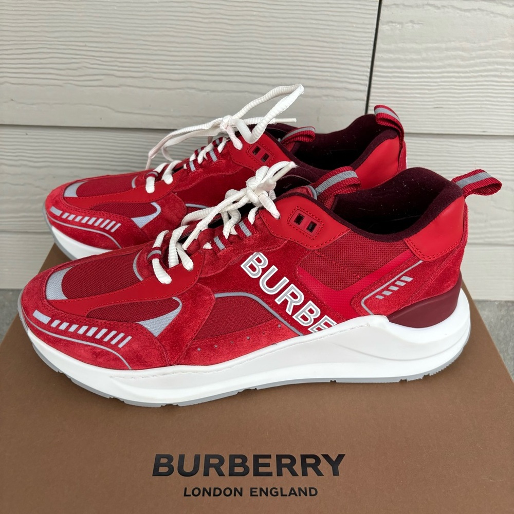 SOLD - Burberry Logo Print Suede Red Sneakers, Like New - Picture 2 of 8